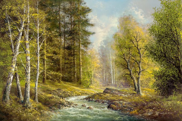 H. Buchner, TRAUTENBERGER BACH (Landschaft, Landschaftsmalerei,  Bach, Wald, Nostalgie, Idylle, Bäume, Ruhe, Einsamkeit, Wohnzimmer, Schlafzimmer, Treppenhaus, Wunschgröße, Malerei, bunt)