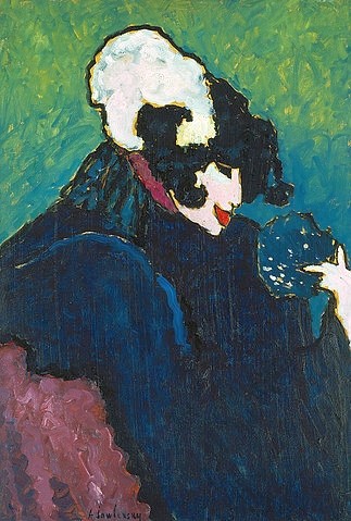 Alexej von Jawlensky, Die weiße Feder. 1909 (Jawlensky,Alexej von,1864-1941,Stuttgart,Staatsgalerie,Öl/Pappe,Jawlensky, Alexej von Jawlensky,20th century,Frau,Frauenrolle,Feder,schwarze Haare,schwarzhaarig,Alexander Sacharoff,Ausdruckstänzer,Profil,Profilansicht,geschminkt,gepudert,rote Lippen,Schwa)