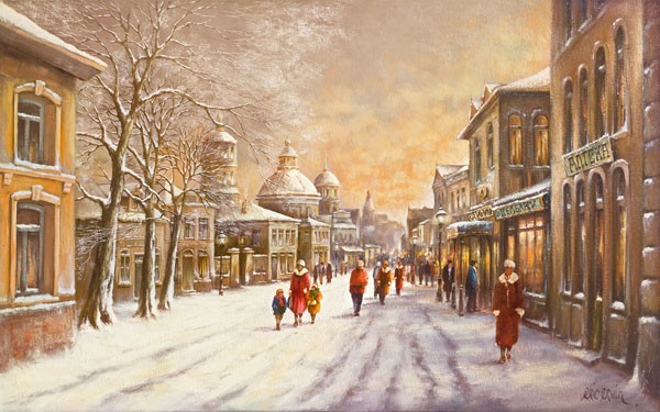 Eric Erwin, STREETSCENE I (Architektur&Gebäude, Stadt, Spaziergänger, Straßenszene, Winter, Schnee, Wohnzimmer, Treppenhaus, Malerei, Wunschgröße, bunt)