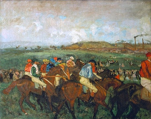 Edgar Degas, Vor dem Start (Course de gentlemen). 1862 (Degas,Edgar,1834-1917,Paris,Musée d'Orsay,Sport,Reiten,Degas, Edgar 1834-1917, französischer impressionismus,impressionistisch,französisch)