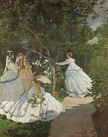 Claude Monet, Damen im Garten in Ville d'Avray. 1867 (Monet,Claude,1840-1926,Paris,Musée d'Orsay,Öl auf Leinwand,19. Jahrhundert,Foto: Peter Willi - Artothek,Monet, Claude Monet Garten,Impressionismus Sonnenschirm,Frauen,Krinoline Reifrock weiße Kleider Sonnentag Sonntag glücklich sorgenfrei Blumen riechen d)