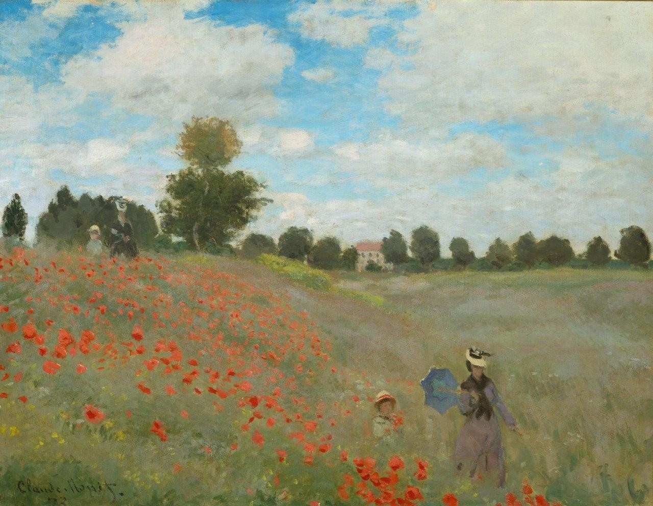 Claude Monet, Mohnfeld bei Argenteuil. 1873 (Monet,Claude,1840-1926,Paris,Musée d'Orsay,Impressionismus,Feld,  Wiese,  Sommer,  Wandern,  Mutter,  Schirm,  Monet,  Claude Monet,  Mohn,  Argenteuil,  Sommer,  Frau,  Kind,  Landschaft,  Frankreich,  Wolken,  Impressionismus,  Wiese, monet,claude monet)