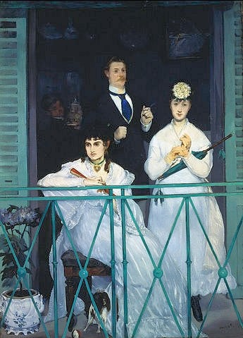 Édouard Manet, Der Balkon. Berthe Morisot, Fanny Claus und Antoine Guillemet. 1868/69 (Manet,Édouard,1832-1883,Paris,Musée d'Orsay,Öl auf Leinwand,Manet, Edouard Manet,19. Jahrhundert,Impressionismus,Balkon,Balkonbrüstung,Balkongitter,Sonntag,Frauen,Morisot,Guillemet,Gruppenbildnis,Beziehungslosigkeit,Mann,drei,Paris,wohlhabend,Bürger,schwe)