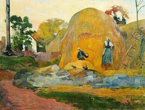 Paul Gauguin, Die gelben Heuschober (Les meules jaunes). 1889 (Post-Impressionismus,19. Jahrhundert,Öl auf Leinwand,Paris,Musée d'Orsay,1848-1903,Gauguin,Paul,Ernte,ernten,Gauguin, Paul 1848-1903,Strohhaufen,Heuhaufen,Bäuerin,Bäuerinnen,Heu,Getreide,Getreideernte,Leiter,Landwirtschaft,Bretagne)