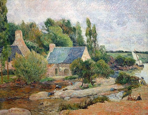 Paul Gauguin, Die Wäscherinnen von Pont-Aven. 1886 (Gauguin,Paul,1848-1903,Paris,Musée d'Orsay,Öl auf Leinwand,19. Jahrhundert,Gauguin, Paul Gauguin,Frankreich,Haus,Fluss,Bretagne,Post-Impressionismus,Wäscherin,waschen,Landschaft)