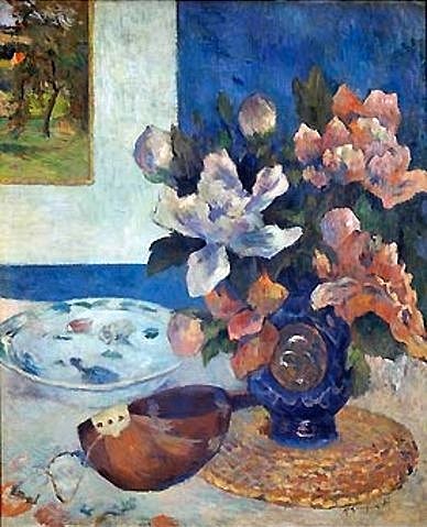 Paul Gauguin, Stilleben mit Mandoline. 1885 (Gauguin,Paul,1848-1903,Paris,Musée d'Orsay,Öl auf Leinwand,Gauguin, Paul Gauguin,19. Jahrhundert,Postimpressionismus,Stillleben,Stilleben,Blumenstillleben,Musikinstrument,Blumen,Blumenvase,Magnolien,Vase,Teller,Untersetzer,Mandoline)