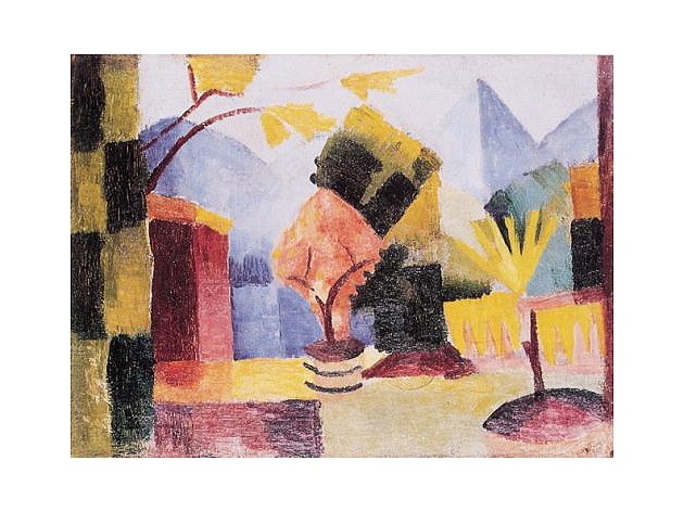 August Macke, Garten am Thuner See (Offset) (Dorf, Häuser, Garten, Malerei, Expressionismus, Landschaft, Haus, Treppenhaus, Arztpraxis, Klassische Moderne, bunt)