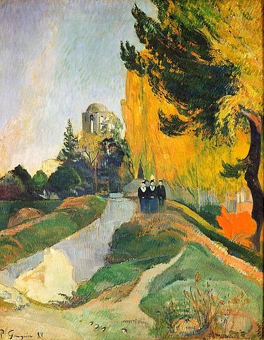 Paul Gauguin, Les Alyscamps in Arles. 1888 (Gauguin,Paul,1848-1903,Paris,Musée d'Orsay,Öl auf Leinwand,19. Jahrhundert,Post-Impressionismus,Paul Gauguin,Weg,Fluss,Nekropole,Park,Turm,Ruine,Alyscamps,Spaziergang,Frauen)