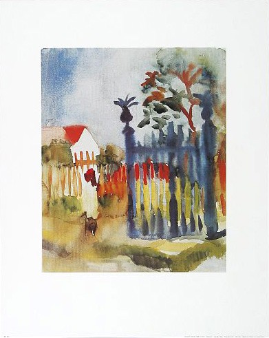 August Macke, Gartentor (Offset) (Malerei, Expressionismus, Garten, Pflanzen, Tor, Zaun, Aquarell, Wohnzimmer, Treppenhaus, Wintergarten, Klassische Moderne, bunt)