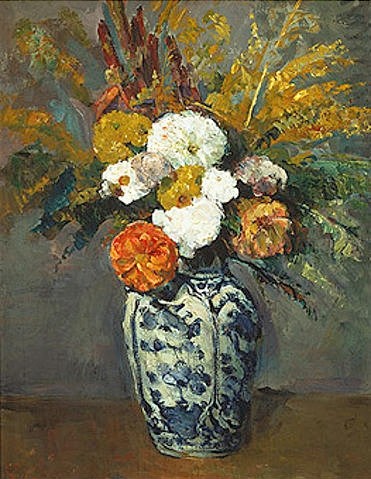 Paul Cézanne, Dahlienstrauss in Porzellanvase. 1873 (Cézanne,Paul,1839-1906,Paris,Musée d'Orsay,Blumenstillleben,Cézanne, Paul 1839-1906,Dahlien,Delfter Porzellan)
