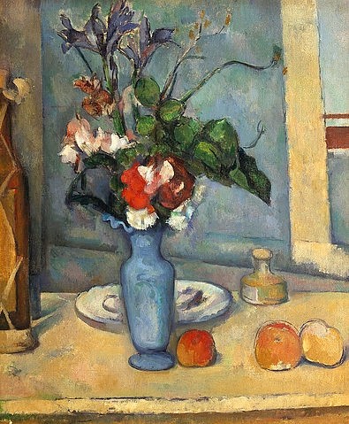Paul Cézanne, Die blaue Vase. Gegen 1885/1887. (Cézanne,Paul,1839-1906,Paris,Musée d'Orsay,Öl auf Leinwand,Cézanne,Paul Cézanne,19. Jahrhundert,Postimpressionismus,Post-Impressionismus,Stilleben,Stillleben,Blumenstillleben,Blumenvase,Vase,Blumenstrauß,Iris,blau,Blumen)