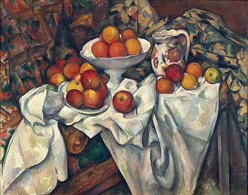 Paul Cézanne, Stilleben mit Äpfeln und Orangen. Um 1895/1900 (19. Jahrhundert,Öl auf Leinwand,Paris,Musée d'Orsay,1839-1906,Cézanne,Paul,Obststillleben,Cézanne, Paul Cezanne,Stillleben,Äpfel,Tuch,Tischtuch,Post-Impressionismus)