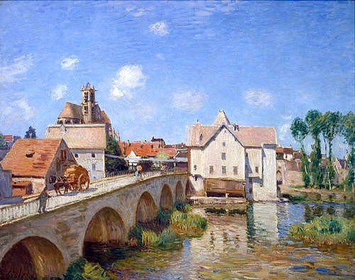 Alfred Sisley, Die Brücke von Moret. 1893. (Landschaft, Landschaftsmalerei, Brücke, steinerne Brücke, Fluss, Viadukt, Loing, Gebäude, Wohnzimmer, Treppenhaus, Impressionismus, Klassische Moderne, Malerei, Wunschgröße, bunt)