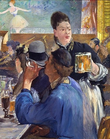 Édouard Manet, Die Bierkellnerin. 1879 (London,National Gallery,Manet,Édouard,1832-1883,Öl auf Leinwand,Manet, Edouard Manet,19. Jahrhundert,Kneipe,Wirtshaus,Lokal,Kellnerin,Bedienung,Bierglas,Pfeife,Unterhaltung)