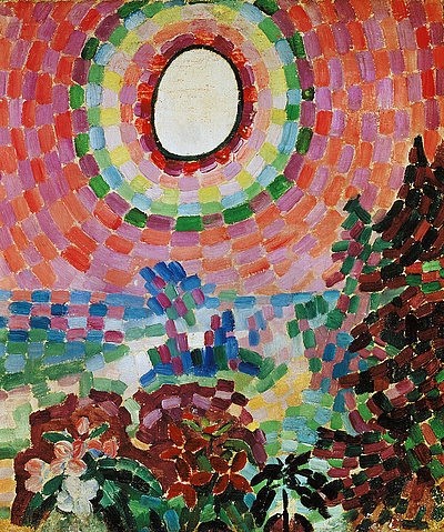 Robert Delaunay, Paysage et Disque. 1906 (20. Jahrhundert,Paris,Musée national d'Art moderne,1885-1941,Delaunay,Robert,Sonne,Delaunay, Robert 1885-1941,Landschaft,Blumen,Kreis,konzentrisch,Farbtupfer,heiter,farbenfroh)