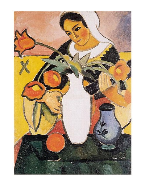 August Macke, Die Lautenspielerin (Offset) (Stillleben, Blumenvase, Musikerin, Laute, Lautenspielerin, Malerei, Expressionismus, Treppenhaus, Arztpraxis, Klassische Moderne, bunt)