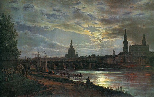 J.C. Dahl, BLICK AUF DRESDEN (Dresden, Vedute, Stadtansicht, Städte, Dresden, Fluss, Elbe, Dämmerung, Wohnzimmer, Treppenhaus, Malerei, bunt)