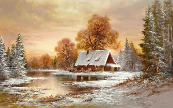 Helmut Glassl, WINTER IN BELARUS I (Malerei, Landschaften, Natur, Wald, Winter, Schnee, Fluss, Tannen, Dämmerung, Idylle, Ruhe, Bäume, Einsamkeit, Wohnzimmer, Treppenhaus, Nostalgie,  Wunschgröße, bunt)