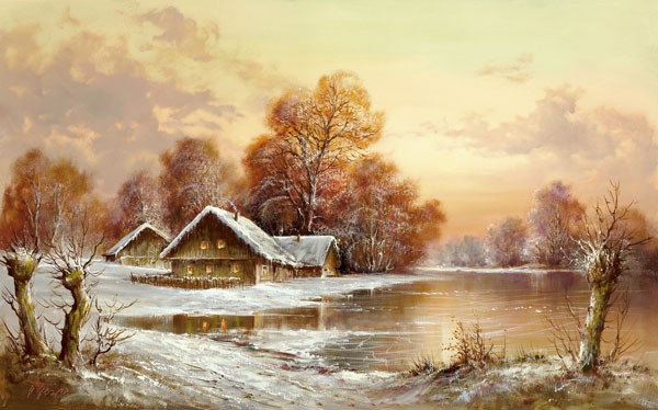 Helmut Glassl, WINTER IN BELARUS II (Malerei, Landschaften, Natur, Wald, Winter, Schnee, Fluss, Hütte, Bauernhof, Russland, Dämmerung, Idylle, Ruhe, Bäume, Einsamkeit, Nostalgie, Wohnzimmer, Treppenhaus, Wunschgröße, bunt)