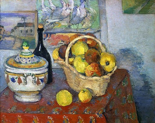 Paul Cézanne, Stilleben mit Obstkorb und Suppenterrine 1888/89 (Cézanne,Paul,1839-1906,Paris,Musée d'Orsay,19. Jahrhundert,Obststillleben,Cézanne, Paul 1839-1906,Terrine,Obstkorb,Weinflasche,Stillleben,Suppenschüssel,Postimpressionismus)