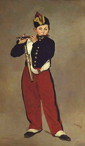 Édouard Manet, Der Pfeifer. 1866 (Manet,Édouard,1832-1883,Paris,Musée d'Orsay,Öl auf Leinwand,Impressionismus,Manet, Edouard Manet,Musik,Musiker,Kind,Uniform,Querflöte,Junge,Flöte,neutraler Hintergrund,rot schwarz,Freisteller,Leibgarde)