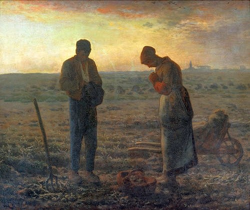Jean-François Millet, Das Abendgebet (L'Angélus). 1857/59 (Feldarbeiter, Beten, Demut, Feierabend, Landwirtschaft, Schubkarre, Heugabel,  Bauerngenre, Realismus, Malerei, Wohnzimmer, Klassiker, Wunschgröße, bunt)
