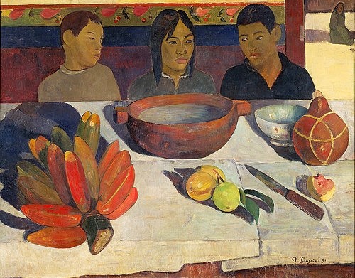 Paul Gauguin, Die Mahlzeit ode Die Bananen. 1891 (Post-Impressionismus,19. Jahrhundert,Öl auf Leinwand,Paris,Musée d'Orsay,1848-1903,Gauguin,Paul,Essen,Obst,Gauguin, Paul 1848-1903,Messer,Kinder, marouflage,Kind,Schale,Schüssel,Banane,Bananen,geduldig,Tahiti,tahitisch,tropisch,Mädchen,Junge Tisch,Tischde)