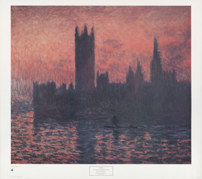 Claude Monet, Sunset- Houses of Parliament (Offset) (Impressionismus, Malerei, London, Architektur, Fluss, Themse, England, Städte, Schlafzimmer, Wohnzimmer, Wintergarten, Arztpraxis, bunt, Klassiker)