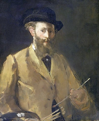 Édouard Manet, Selbstbildnis mit Palette. (Manet,Édouard,1832-1883,Privatbesitz New York,Öl auf Leinwand,19. Jahrhundert,Selbstbildnis,Manet,Edouard Manet,Pinsel,Blickkontakt,Brustbild,Impressionismus,Impressionist,Moderne,19. Jahrhundert,Mann,Maler,Künstler,Palette,Bart,Melone)