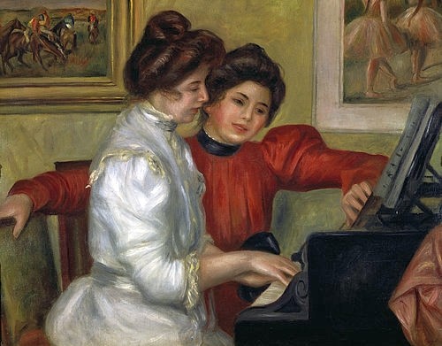 Pierre-Auguste Renoir, Yvonne und Christine Lerolle am Klavier. 1897 (Schwestern, Musik, Klavier, Musizieren, Frauen, Mäzeninnen,  Interieur, Zimmer, Bilder von Degas, Impressionismus, klassische Moderne, Wunschgröße, Wohnzimmer, Malerei)