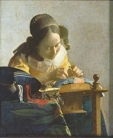 Jan Vermeer van Delft, Die Spitzenklöpplerin. Um 1665 (Paris,Musée du Louvre,Öl/Lwd./Holz,Vermeer van Delft,Jan,1632-1675,17. Jahrhundert,Vermeer van Delft, Jan Vermeer Barock Haushalt,Spitze,Frau klöppeln Handarbeit Textilien konzentriert arbeiten Garn Fäden geschicklich Geschicklichkeit Hände Finger nähen N)
