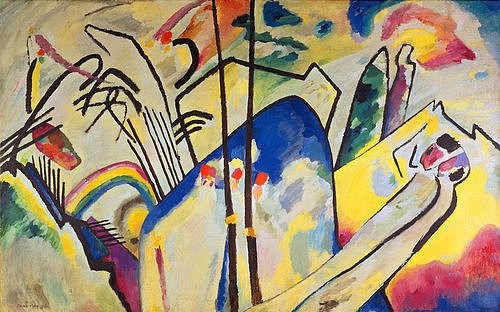 Wassily Kandinsky, Komposition IV. 1911 (Kandinsky,Wassily,1866-1944,Düsseldorf,Kunstsammlung NRW,Öl auf Leinwand,Kandinsky,Wassily Kandinsky,20. Jahrhundert,Moderne,Blauer Reiter,Abstraktion,Regenbogen,Übergangsbild,Linien,Andeutung,Assoziation,Auflösung,Berg,Primärfarben,Berg,Kosaken,Lanze,Übe)