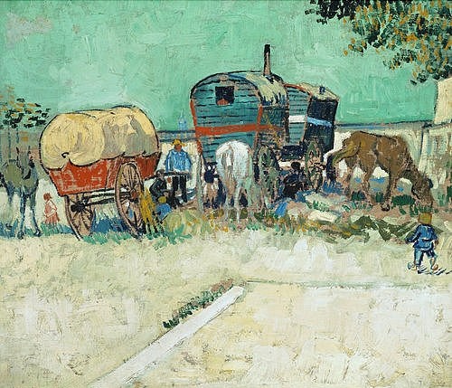 Vincent van Gogh, Die Wohnwagen, Zigeunerlager (Les Roulottes / Campement de Bohémiens). 1888 (Öl auf Leinwand,Paris,Musée d'Orsay,1853-1890,Gogh,Vincent van,Gogh, Vincent van Gogh,19. Jahrhundert,Wagen,Zigeuner,Zigeunerwagen,Pferdewagen,Planwagen,unterwegs,Post-Impressionismus,Randgruppe)