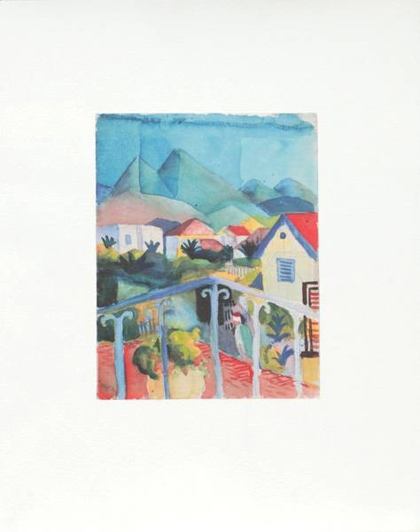 Macke August St.Germain bei Tunis (1914) (Granolithographie, 250 g Rives Bütten) (Malerei, Expressionismus, Orient, Tunesien, Landschaft, Panorama, Balkon, Aussicht, Tunisreise, Berge,  Wohnzimmer, Treppenhaus, Arztpraxis, Klassische Moderne, bunt)