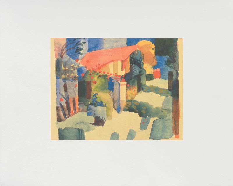 Macke August Haus im Garten (1914) (Granolitho Verfahren, 250 g Rives Bütten) (Malerei, Expressionismus, Garten, Pflanzen, Blumen, Idylle, Wohnzimmer, Treppenhaus,Wintergarten, Klassische Moderne, bunt)