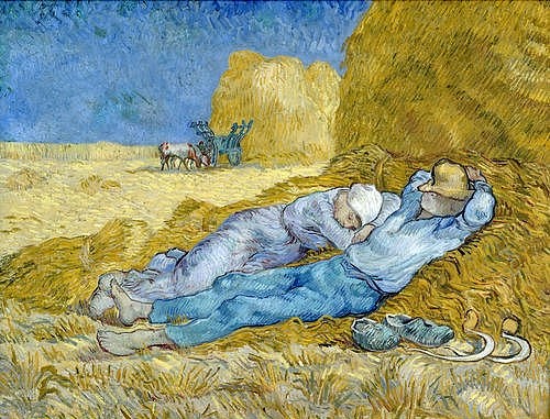 Vincent van Gogh, Das Mittagsschläfchen. 1889/90 (Gogh,Vincent van,1853-1890,Paris,Musée d'Orsay,Öl auf Leinwand,Gogh, Vincent van Gogh,Post-Impressionismus,Schlaf,schlafen,Mittag,Mittagsschlaf,Siesta,Ernte,ernten,Sommer,Hitze,Mittagshitze,Bauern,nach Millet,Getreideernte,Heu,Getreide,ausruhen,Rast,Paar,)