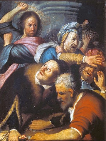 Rembrandt van Rijn, Die Vertreibung der Händler aus dem Tempel. 1626 (Rembrandt van Rijn,1606-1669,Moskau,Puschkin-Museum,Öl auf Holz,17. Jahrhundert,Rembrandt van Rijn,Rembrandt,Neues Testament,Christus,Jesus Christus,Händler,Geldwechsler,Geldwesen,Ärger,ärgerlich,Gesten,Barock,Gesichtsausdruck,Emotionen,emotional,Nahaufna)