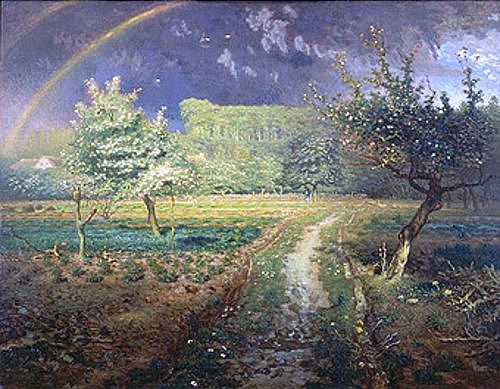 Jean-François Millet, Frühlingslandschaft mit Regenbogen (Le Printemps). 1868/73 (Landschaft, Felder, Unwetter, düstere Wolken, Regenbogen, Realismus, Malerei, Wohnzimmer, Klassiker, Wunschgröße, bunt)