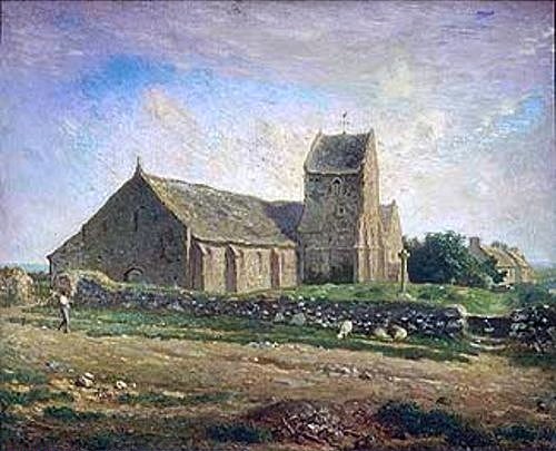 Jean-François Millet, Die Kirche von Gréville. 1871/1874 (Landschaft, alte Kirche, Gebäude, Idylle, Realismus, Malerei, Wohnzimmer, Klassiker, Wunschgröße, bunt)