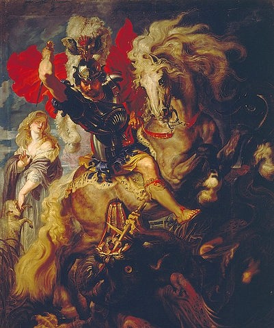 Peter Paul Rubens, Der hl. Georg im Kampf mit dem Drachen. 1606/10 (Madrid,Museo del Prado,Rubens,Peter Paul,1577-1640,17. Jahrhundert,Barock,Rubens, Peter Paul Rubens,Heiliger Georg,Reiten,Heilige,Drachen,Prinzessin,Helm,Ungeheuer,tapfer,Tapferkeit,erschlagen)