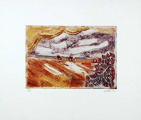 Louttre-B Marc-Antoine Le Chant du pain (Radierung, handsigniert) (Landschaft, Felder, Getreide, Brücke, modern, abstrahiert, Grafik, Original, signiert, Treppenhaus, Wohnzimmer)