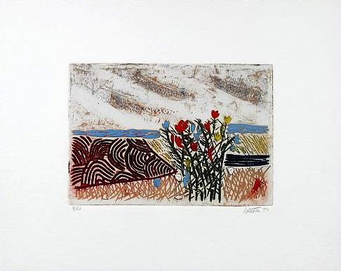 Louttre-B Marc-Antoine Le Jaune et le Rouge (Radierung, handsigniert) (Landschaft, Felder, Blumen, Horizont, Meer, modern, abstrahiert, Grafik, Original, signiert, Treppenhaus, Wohnzimmer)