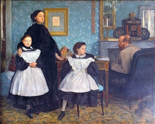 Edgar Degas, Die Familie Bellelli. 1858/60 (Degas,Edgar,1834-1917,Paris,Musée d'Orsay,Öl auf Leinwand,Degas, Edgar Degas,19. Jahrhundert,Portrait,Porträt,Familie,Geschwister,Schürze,Schürzen,weiße Schürze,Mädchen,Töchter,Schwestern,Ehepaar,Eltern,Bürgertum,streng,starr,Einrichtung, französischer im)