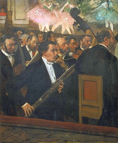 Edgar Degas, Das Orchester der Oper. Gegen 1870 (Degas,Edgar,1834-1917,Paris,Musée d'Orsay,Öl auf Leinwand,19. Jahrhundert,Impressionismus,Degas, Edgar Degas,Musik,Theater,Opernorchester,Oper,Orchester,Musiker,Fagott,Ballett,Bühne,Aufführung,Orchestergraben,Cello, französischer impressionismus,französis)