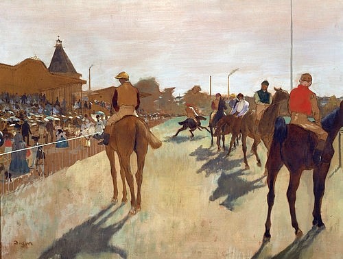 Edgar Degas, Vor dem Rennen. Rennpferde beim Défilé vor den Tribünen. Gegen 1866/68 (Degas,Edgar,1834-1917,Paris,Musée d'Orsay,Öl auf Leinwand,Sport,Reiten,Degas,Edgar Degas,Impressionismus,Vor dem Rennen,Rennen,Schatten,Schattenwurf,Menschenmenge,Zuschauer,Jockey,Jockeys,Reiter,Wettbewerb,19. Jahrhundert,Reitsport,Tribüne,Pferde,von hint)
