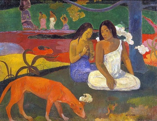 Paul Gauguin, Arearea (Der rote Hund). 1892 (Gauguin,Paul,1848-1903,Paris,Musée d'Orsay,Öl auf Leinwand,19. Jahrhundert,Südsee,Hund,Gauguin, Paul Gauguin,Post-Impressionismus,Frauen,Mädchen,Flöte,Exotik,exotisch,Blickkontakt,Farbflächen,bunt,Farben,Götzenfigur,Götzenstatue,positiv,harmonisch,Friede,)