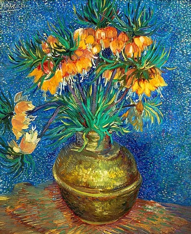 Vincent van Gogh, Kupfervase mit Kaiserkronen. 1886. (Gogh,Vincent van,1853-1890,Paris,Musée d'Orsay,Öl auf Leinwand,Gogh, Vincent van Gogh,19. Jahrhundert,Blumen,Blumen,Vase,Blumenstillleben,gelb,blau,Post-Impressionismus,Blüten,Blumenvase,Blumenstrauß,strahlend,leuchtend)