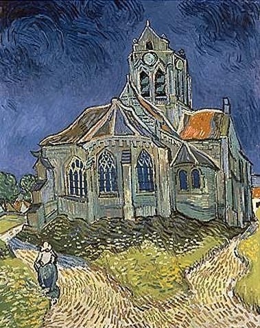 Vincent van Gogh, Die Kirche von Auvers-sur-Oise. 1890 (Gogh,Vincent van,1853-1890,Paris,Musée d'Orsay,Öl auf Leinwand,Kirche,Frankreich,Gogh, Vincent van Gogh,Post-Impressionismus,Architektur,19. Jahrhundert,geteilter Weg,blauer Himmel)