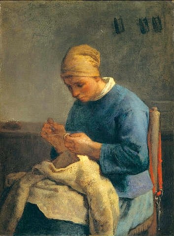 Jean-François Millet, Die Näherin (La couseuse). (Näherin, Handarbeit, Bauerngenre, rustikal, ländlich, Realismus,  Wohnzimmer, Klassiker, Malerei,  Wunschgröße, bunt)
