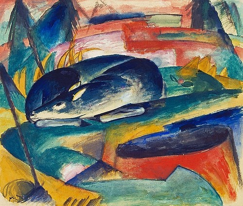 Franz Marc, Schlafendes Reh. 1912/13 (Marc,Franz,1880-1916,Privatbesitz Feilchenfeldt,Tempera,Marc, Franz Marc,Blauer Reiter,Expressionismus,Reh,Tier,schlafen,blau,abstrakte Landschaft)